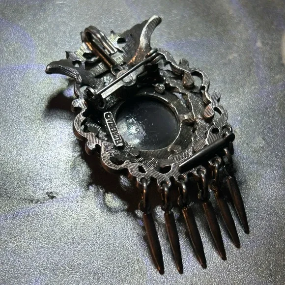 Vintage FLORENZA Slag Glass Intaglio Gunmetal Tassel Brooch Pin Pendant CAMEO